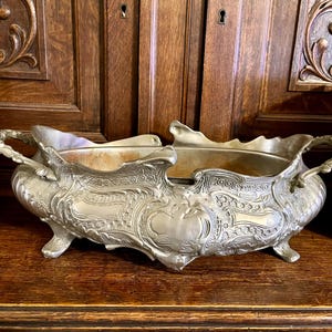 Vintage French Jardiniere Large Silver Footed with Handles Planter With Liner