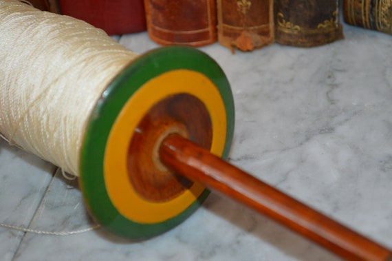 Antique Wooden Kite String Twine Spool With Handles Green Yellow Wood 