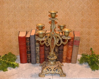 Antique French Candelabra Brass Candle Holder Five Cup