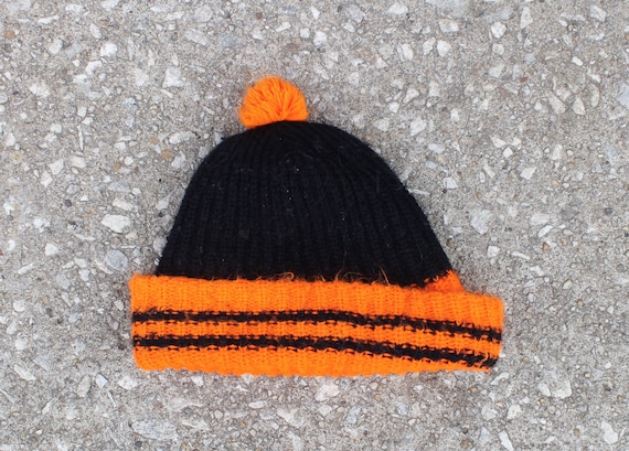Vintage Blank Black Orange Stripe Pom Beanie Knit Ski Warm Winter Cuff Hat  Cap Toque 