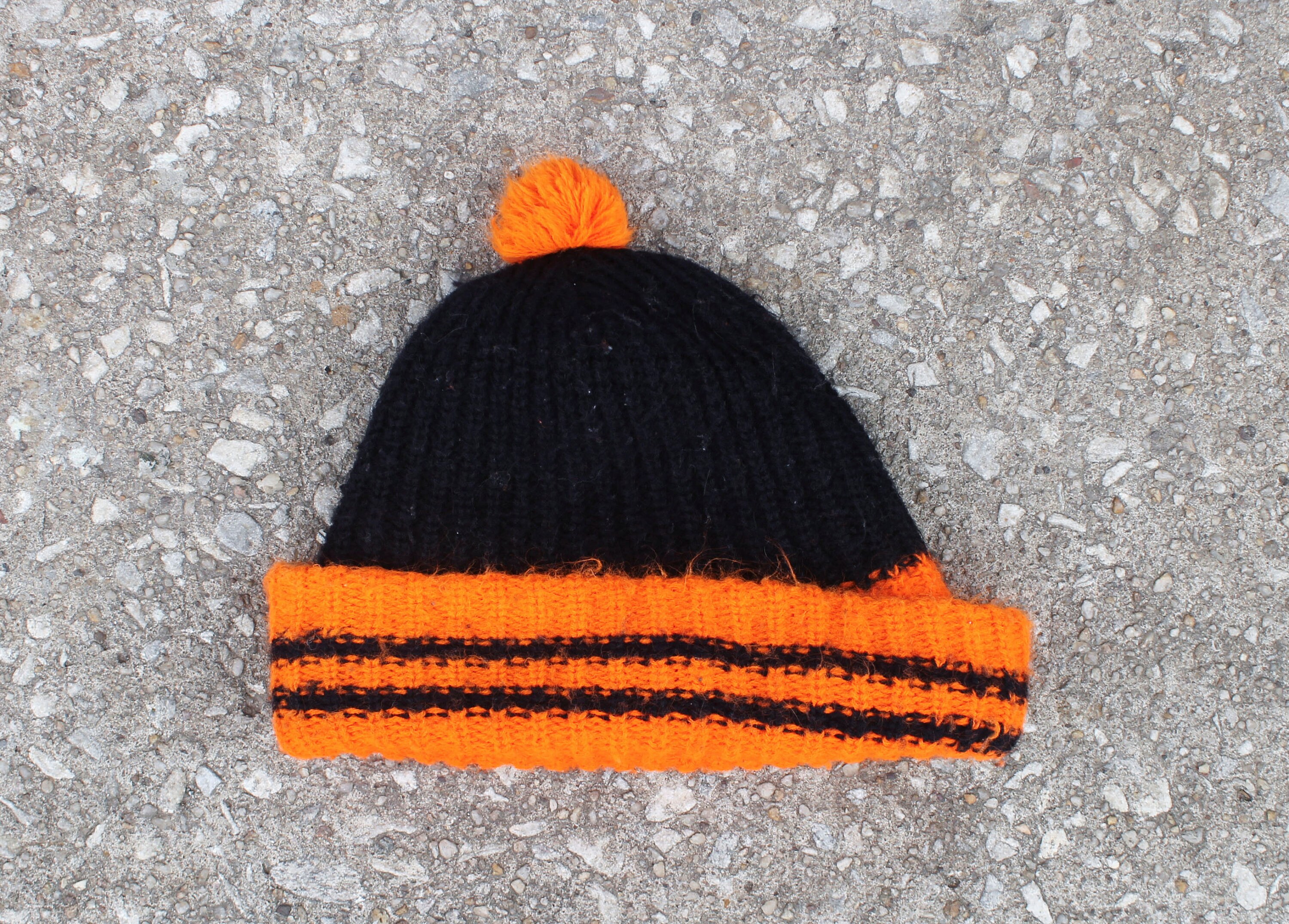 Vintage Blank Black Orange Stripe Pom Beanie Knit Ski Warm 