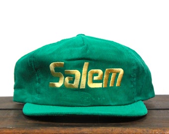 Gorra de béisbol vintage de los años 80, de pana verde Kelly, con diseño de cigarrillos Salem y tabaco, estilo camionero, con cierre tipo snapback.