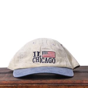 Vintage Distressed 90s Chicago Illinois Midwest City Flag IL Great Lakes Unstructured Strapback Hat Baseball Cap