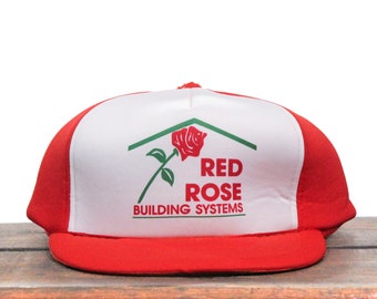 Vintage Trucker Hat Snapback Baseball Cap Red Rose Metal Buildings Systems Prefab Construction Barn Shed