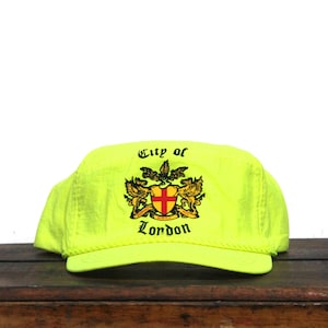 Vintage 90s Neon Yellow City Of London England Crest City UK Country Europe Strapback Trucker Hat Baseball Cap