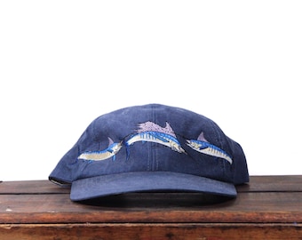 Vintage 90s Washed Out Long Bill Brim Guy Harvey Fish Fishing Angler Fisherman Swordfish Strapback Hat Baseball Cap