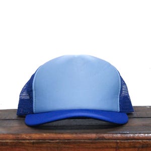 Vintage 80s Blank Royal Blue & Light Blue Mesh Back Trucker Hat Snapback Baseball Cap