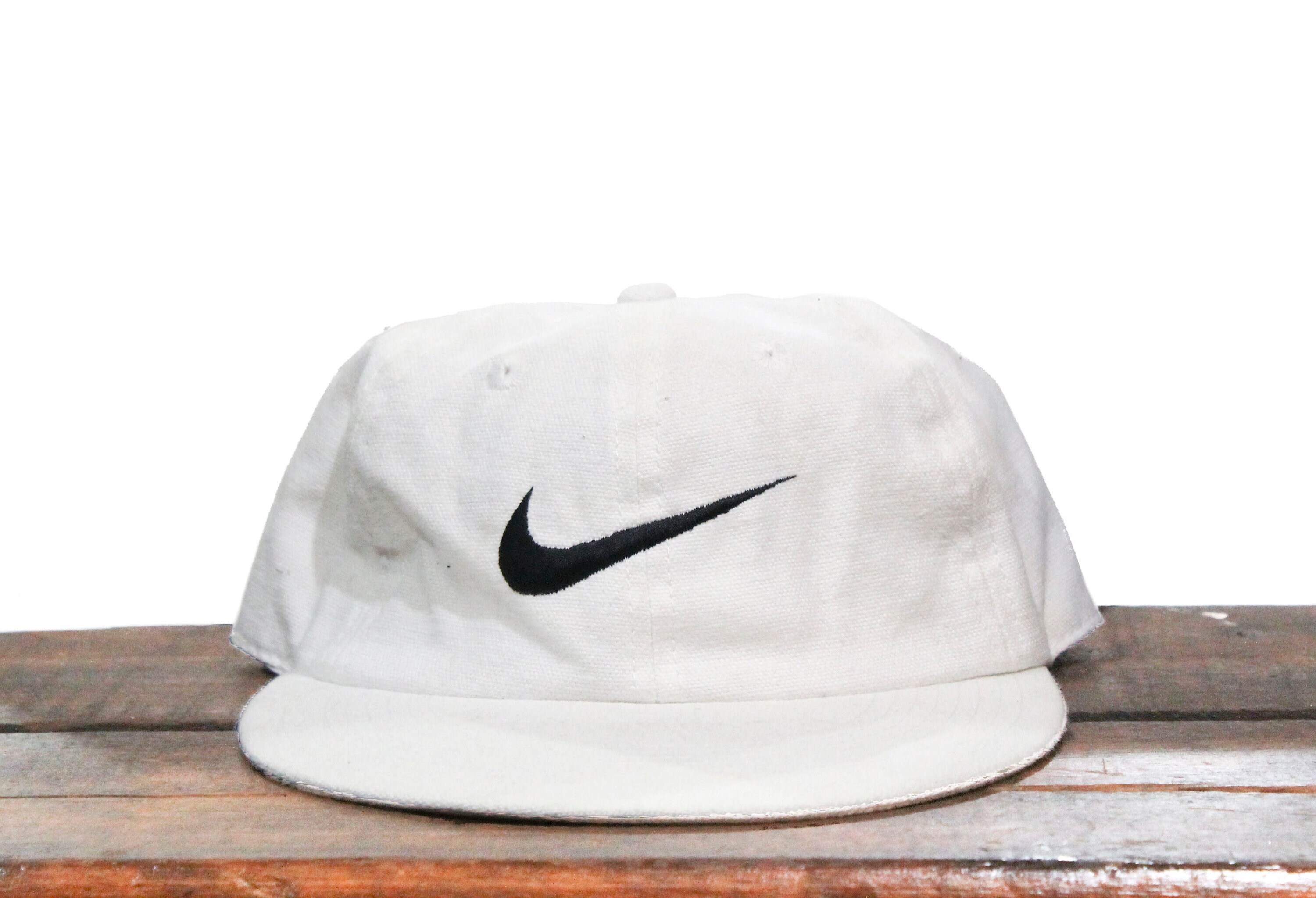 Vintage 90s Minimal White Nike Athletic Apparel Swoosh Logo Unstructured Strapback Hat Baseball Cap