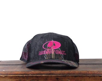Vintage Pink Black Camo Mossy Oak Camouflage Hunting Snapback Mesh Back Hat Baseball Cap