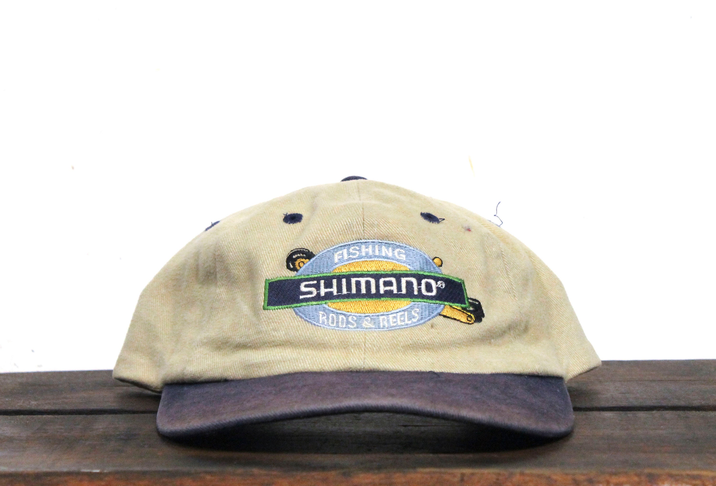 Vintage Washed Out Shimano Rods & Reels Fishing Equipment Fish Unstructured  Strapback Hat Baseball Cap