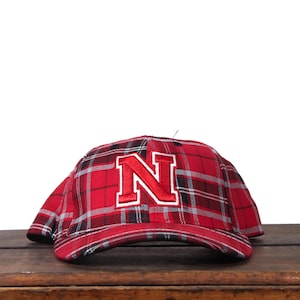 Vintage Y2K Plaid University Of Nebraska Cornhuskers Huskers Go Big Red College NCAA Football Strapback Hat Baseball Cap
