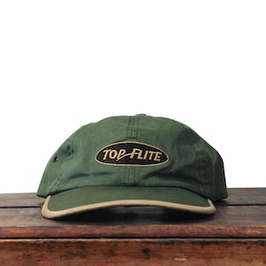 Gorra de béisbol vintage de los años 90 con diseño desgastado de Beater Top Flite, para palos de golf, pelotas y equipo de marca, sin estructura y con correa trasera.