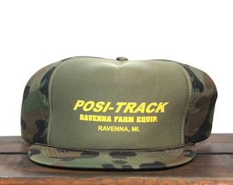 Vintage Trucker Hat Snapback Baseball Cap Posi-Track Skid Steer Ravenna Farm Equipment Implements Tractors Dealer Michigan Camo Camouflage