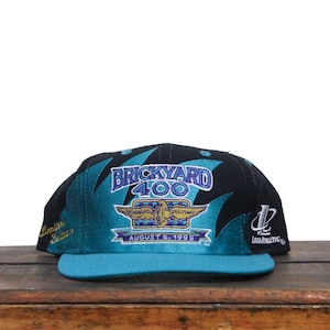 Vintage 90s Logo Athletic Sharktooth Black Dome Snapback Hat Baseball Cap 1995 Brickyard 400 Race IndyCar Racing Indianapolis Motor Speedway