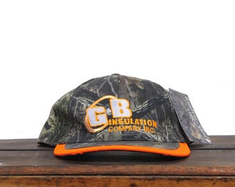 Vintage G&B Insulation Company Inc Use Your Head Think Safety Realtree Camo Camouflage Hunting Blaze Orange Strapback Hat Baseball Cap