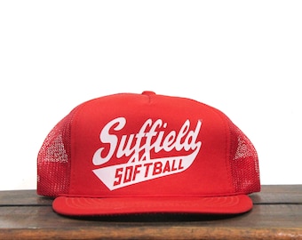 Vintage Suffield Softball Script Team League Town City Name Trucker Hat Snapback Baseball Cap