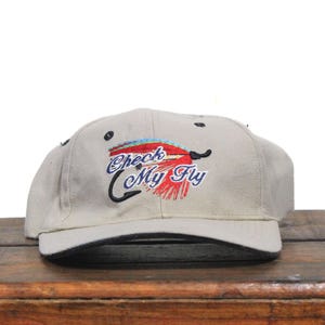 Vintage zniszczony Y2K Strapback Hat Baseball Cap Sprawdź mój Fly Fishing Wędkarz Rybak Hak na ryby