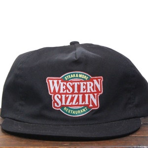Vintage Elastic Back Strapback Trucker Hat Baseball Cap Western Sizzlin Restaurant Steakhouse Texas TX Steak & More Meat Restaurant Bar
