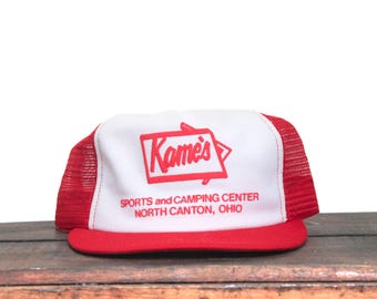 Vintage Snapback Trucker Hat Basebollkeps Kame's Sports & Camping Center Sportaffär Jakt Fiske North Canton Ohio Tillverkad i USA