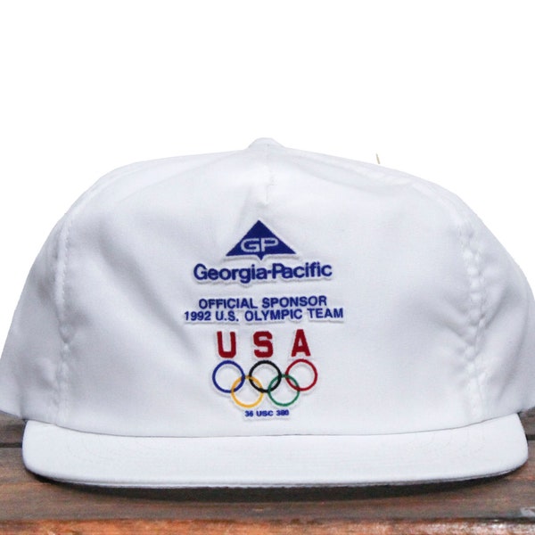 Vintage Trucker Hat Snapback Baseball Cap 1992 Olympic Games Sponsor GP Georgia Pacific Paper Cardboard Box Shipping Packaging USA Made