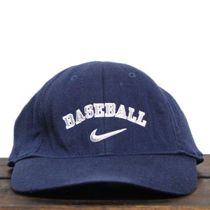 Vintage 90s Blue Minimal Nike Baseball Athletic Apparel Small Logo Swoosh Unstructured Flexfit Stretch Fit Fitted Hat Baseball Cap