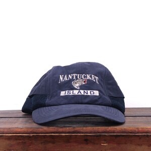 Vintage 90-tals Nantucket Island Massachusetts New England Fiskehatt med lång brätte, ostrukturerad remback, basebollkeps