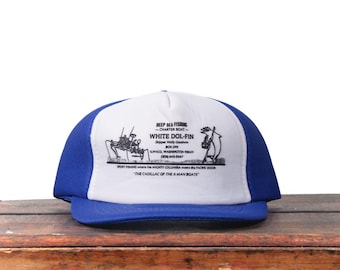 Vintage Trucker Hat Snapback Baseball Cap White Dol-Fin Dolphin Deep Sea Fishing Charter Boat Ilwaco Washington