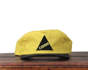 Vintage Yellow Trucker Hat Snapback Baseball Cap Cherne Pipe Plugs Plumbing Supply Parts Hardware Triangle Logo Oatey Made In USA