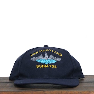 Vintage 90s USS Maryland SSBN 738 Ohio Class Submarine Navy Military Ship Boat Veteran Snapback Hat Baseball Cap Made In USA