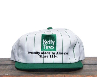 Vintage Green Pinstripe Trucker Hat Snapback Baseball Cap Kelly Tires Nascar Proudly Made In America Garage Mechanic Made In USA