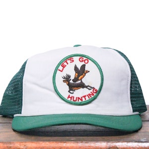 Vintage Let&#39;s Go Hunting Deer Duck Pheasant Buck Wildlife Patch Trucker Hat Snapback Baseball Cap
