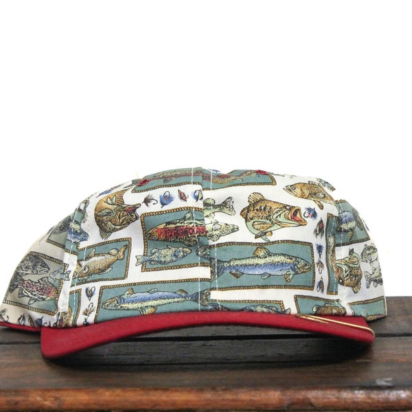 Vintage jaren '90 Forel Vis Overal Print Patroon Vliegvissen Vliegt Lokt Visser Visser Snapback Hoed Baseball Cap Made In USA