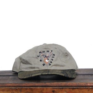 Vintage 90s Minimal Eat Sleep Hunt Deer Buck Head Camo Camouflage Hunter Unstructured Strapback Hat Baseball Cap