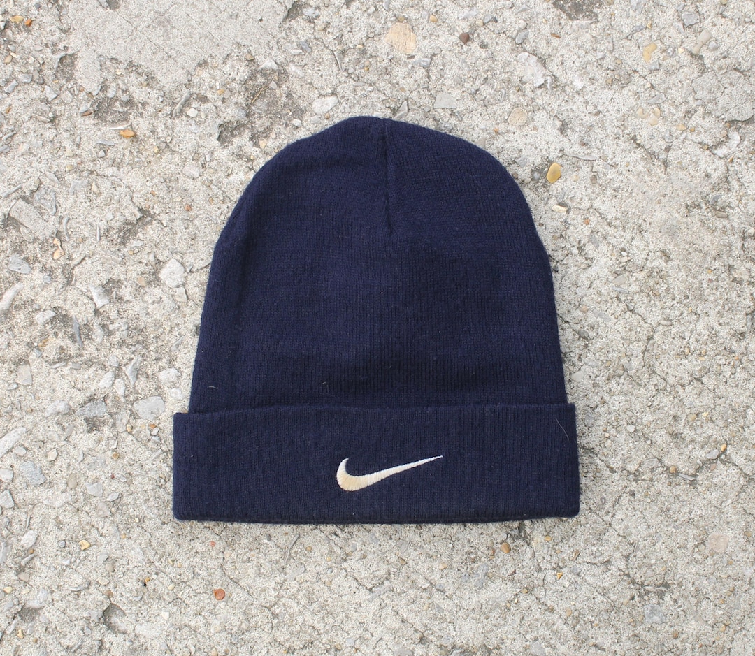 Vintage 90s Nike Swoosh Logo Navy Blue Cuff Beanie Knit Ski Warm Winter
