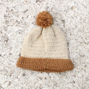Vintage Beige Brown Striped Home Knit Pom Beanie Ski Warm Winter Hat Cap Toque