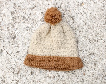 Vintage Beige Brown Striped Home Knit Pom Beanie Ski Warm Winter Hat Cap Toque