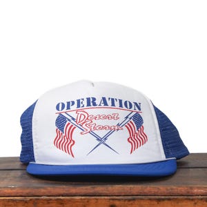 Vintage Trucker Hat Snapback Baseball Cap Operation Desert Storm Troops Persian Gulf Military Veteran Fighter Jet American Flag