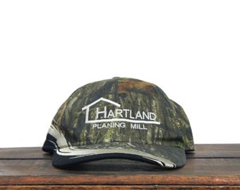 Vintage Mossy Oak Woodland Camo Camouflage Hunting Hartland Planing Mill Lumber Wood Processing Strapback Hat Baseball Cap