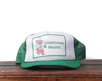 Gorra de camionero vintage desgastada, gorra de béisbol con cierre ajustable. Greenview Meats, carnicería mayorista, ganado vacuno, carne de res, novillo, cerdo de Pensilvania.