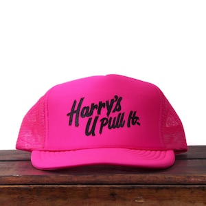 Vintage Neon Hot Pink Trucker Hat Snapback Baseball Cap Harry's U Pull It Self Serve Car Truck Junk Yard Scrap Metal Recycling Auto Salvage