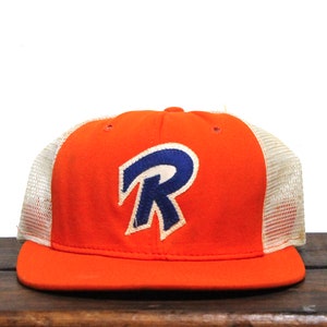 Vintage Distressed Small 80s R Logo Letters Initials School Sports Team League Stitched Sewn Trucker Hat Snapback Baseball Cap Made In USA