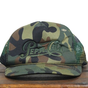 Vintage Camo Snapback Trucker Hat Baseball Cap Old Pepsi Cola Script Logo Soda Pop Camouflage Hunting
