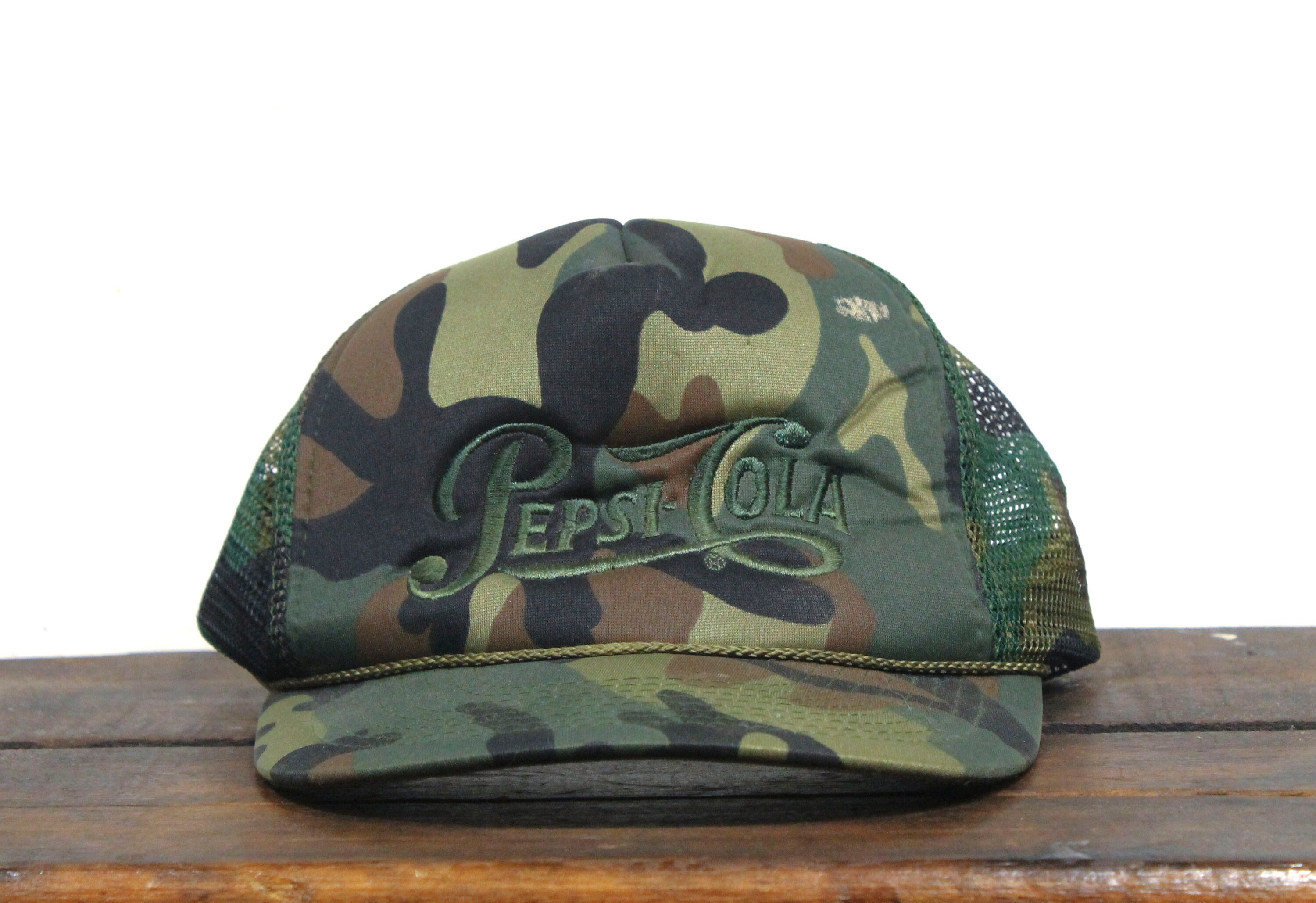 Vintage Camo Snapback Trucker Hat Baseball Cap Old Pepsi Cola Script Logo Soda Pop Camouflage Hunting