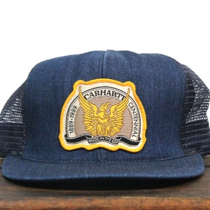 Vintage Snapback Trucker Hat Baseball Cap 80s Denim Carhartt 1889-1989 100th Anniversary Logo Patch Duck Canvas Workwear Made In USA