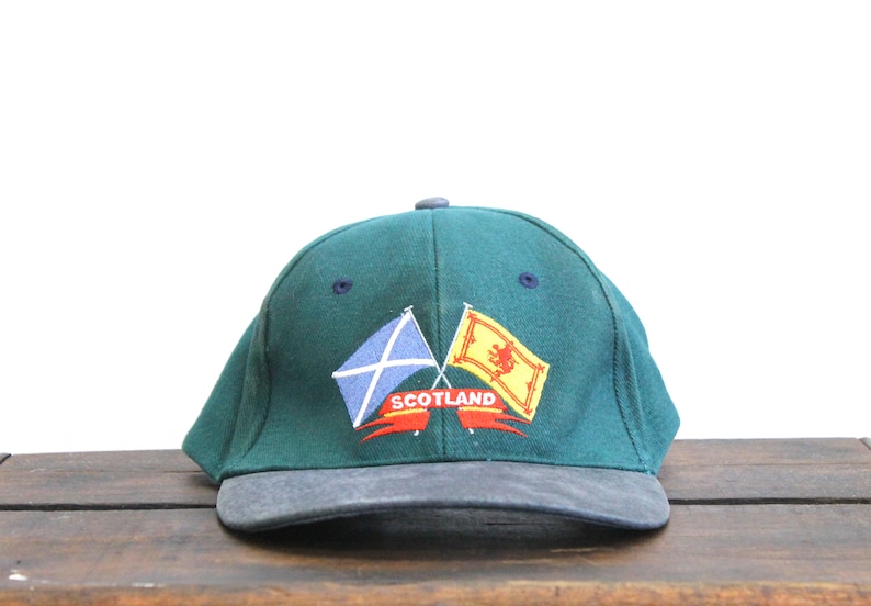 Vintage 90/'s Distressed Forest Green Scotland UK United Kingdom Strapback Hat Baseball Cap