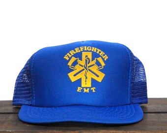 Vintage Trucker Hat Snapback Baseball Cap City Firefighter EMT First Responder Advanced First Aid Ambulance Medical Emergency Fire Police
