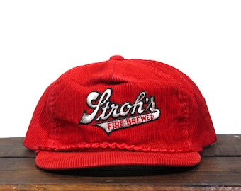 Vintage Distressed Red Corduroy Stroh's Fire Brewed Beer Classic Script Logo Trucker Hat Snapback Baseball Cap