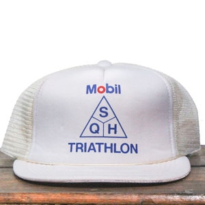 Vintage Mobil Oil Company SQH Triathlon Gas Station Automotive Pegasus Running Swimming Race Trucker Hat Snapback Baseball Cap USA Made