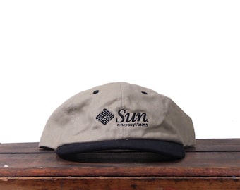 Gorra de béisbol vintage de los años 90, deslavada y sin estructura, con correa trasera, Sun Microsystems, software, era de las puntocom, computadora, internet, sitio web, Java, Y2K