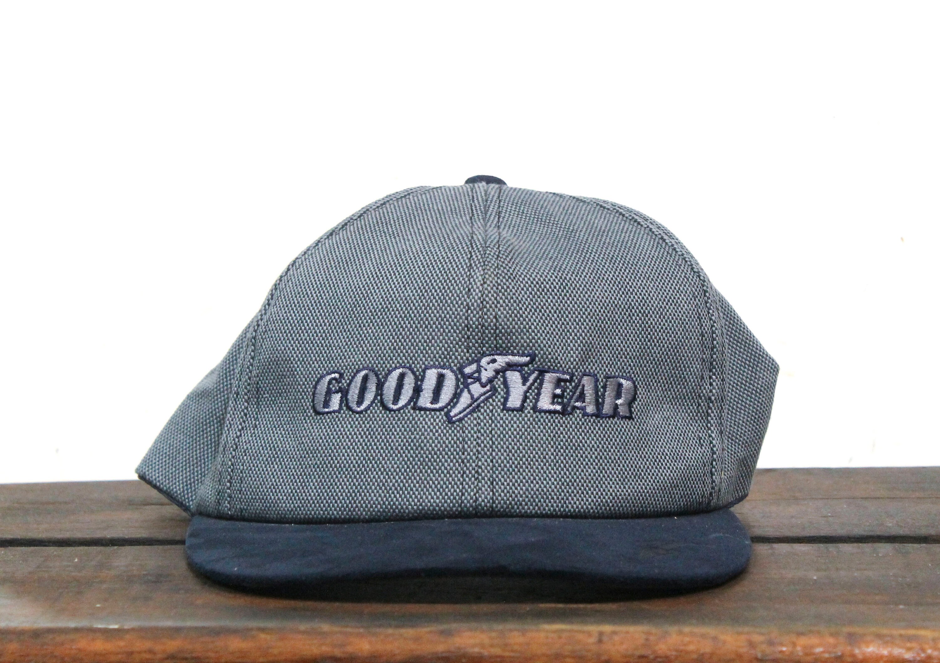 Vintage 90s Snapback Hat Baseball Cap Goodyear Tires Logo Suede